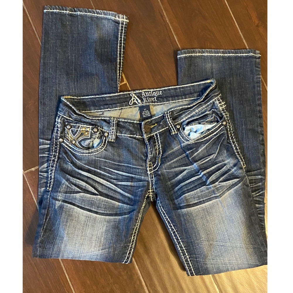 Antique Rivet Bootcut Jeans Women's 27 Dark Wash Embellished Cross Pocket